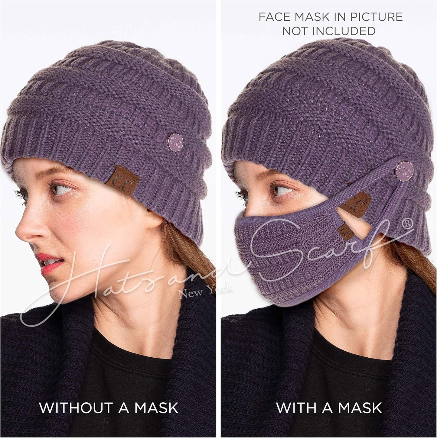 Exclusives Cable Knit Beanie - Thick, Soft & Warm Chunky Ribbed Beanie Hats Epoxy Button for Face Mask (BHT-1) (A Button Beige)