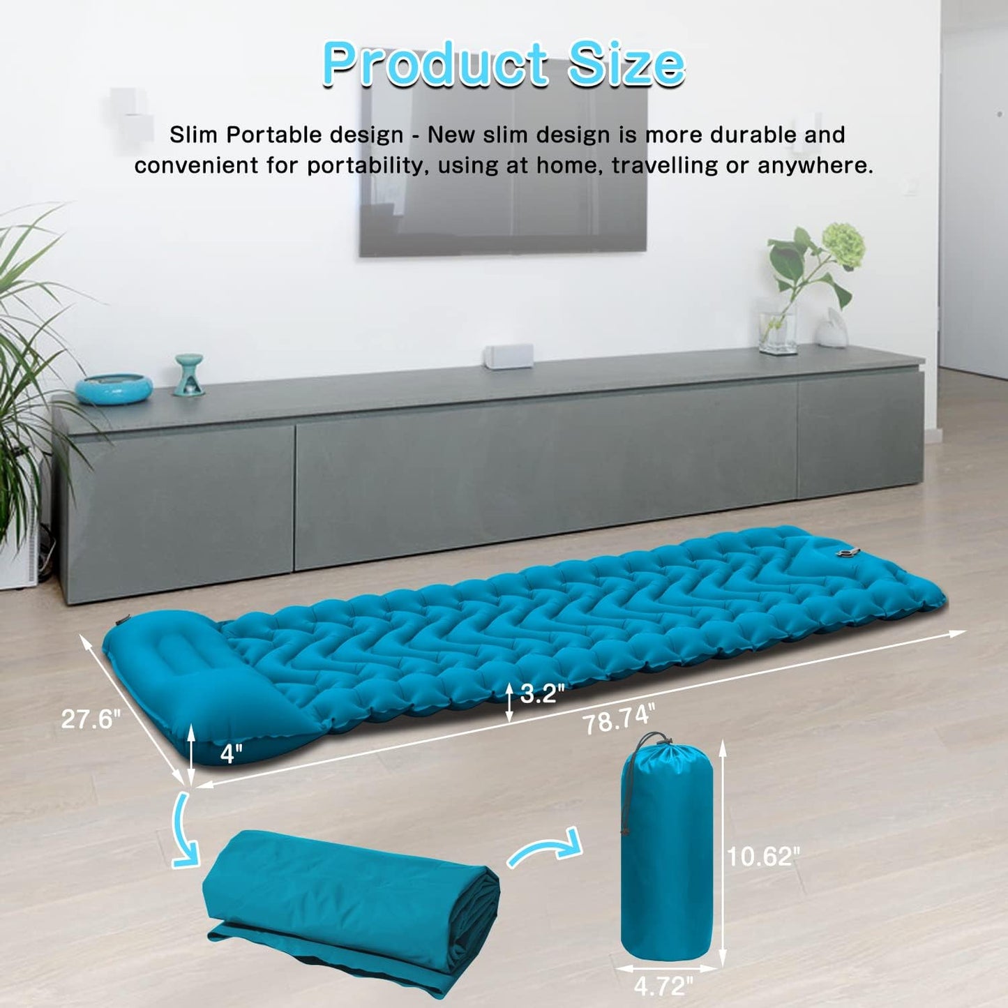 Camping Sleeping Pad, 2021 Newest Inflatable with Foot Press Sleeping Mat Pillow,Button Connection Large Size 4"-Thick, Portable Waterproof and Compact Air Mat for Camping,Hiking,Beach
