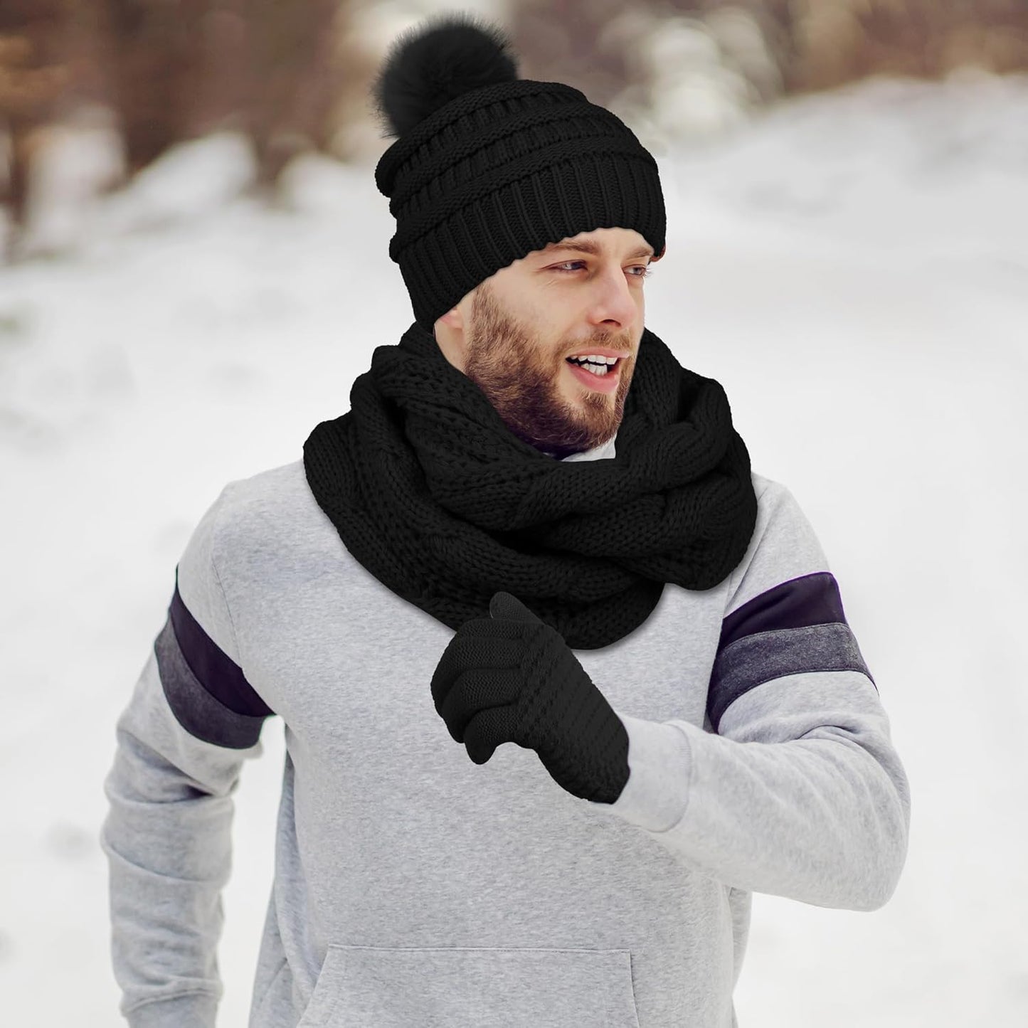 Womens Winter Warm Sets Knitted Fur Pompoms Beanie Hat Circle Loop Scarf Touch Screen Gloves Winter Favor Accessories