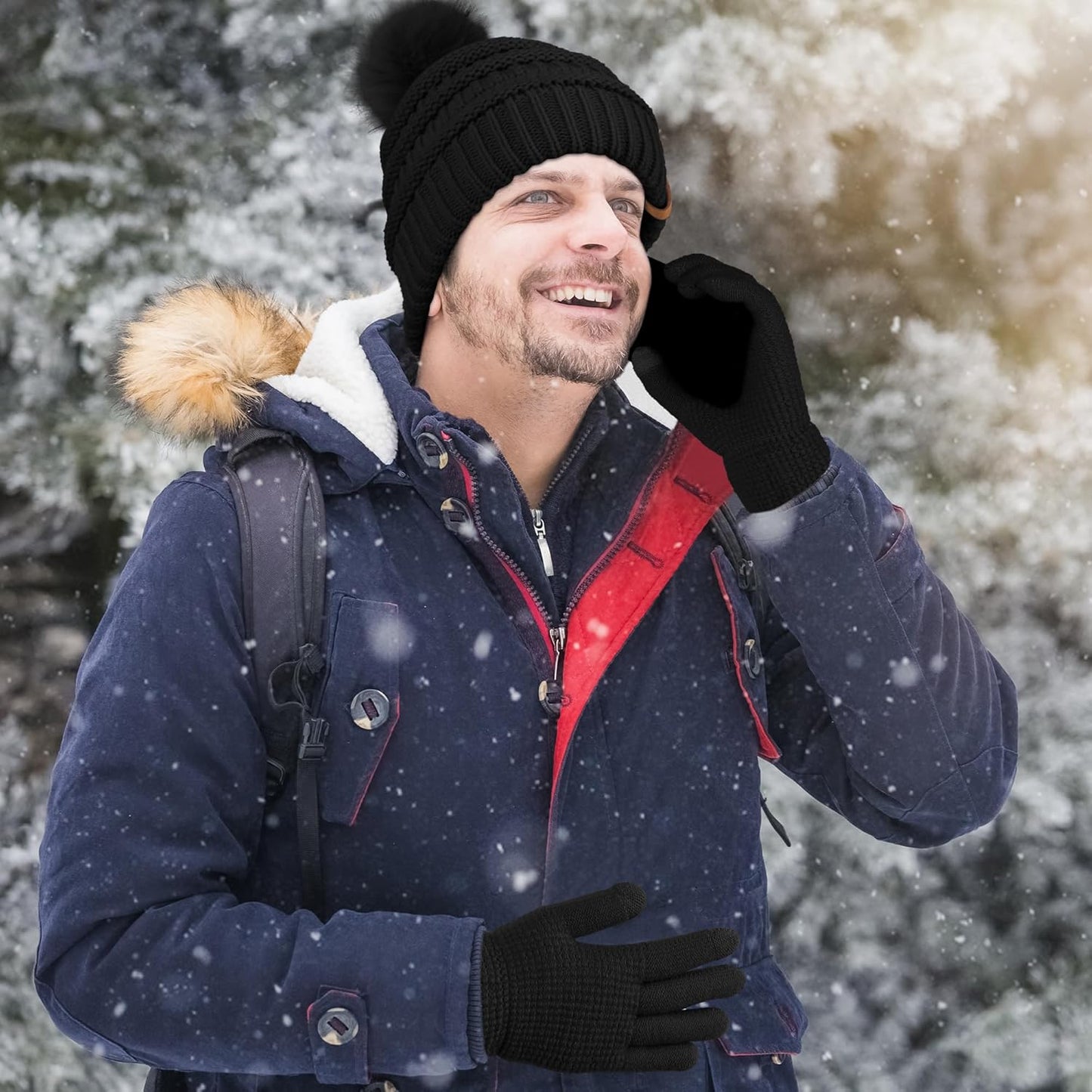 Womens Winter Warm Sets Knitted Fur Pompoms Beanie Hat Circle Loop Scarf Touch Screen Gloves Winter Favor Accessories