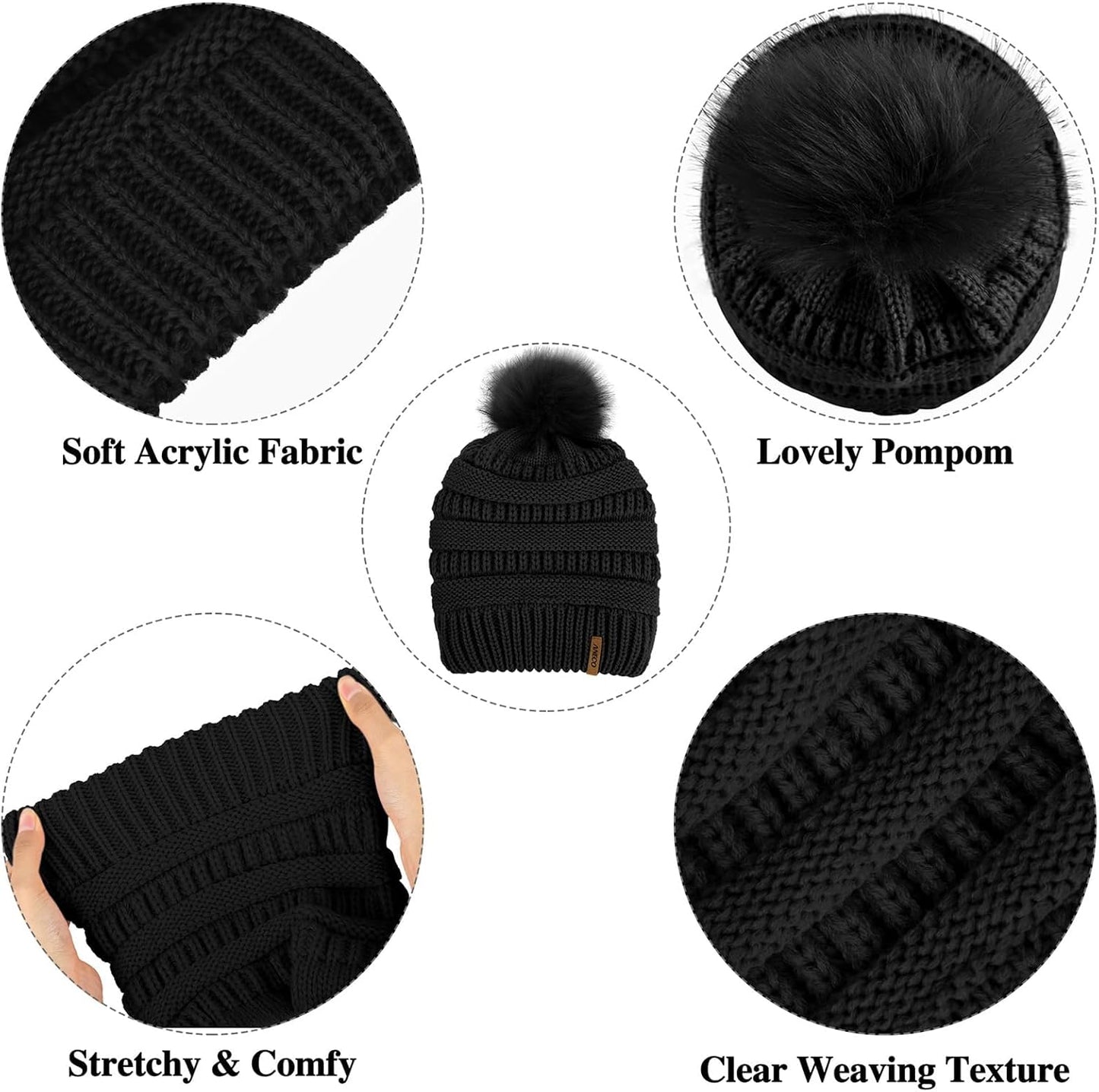 Womens Winter Warm Sets Knitted Fur Pompoms Beanie Hat Circle Loop Scarf Touch Screen Gloves Winter Favor Accessories