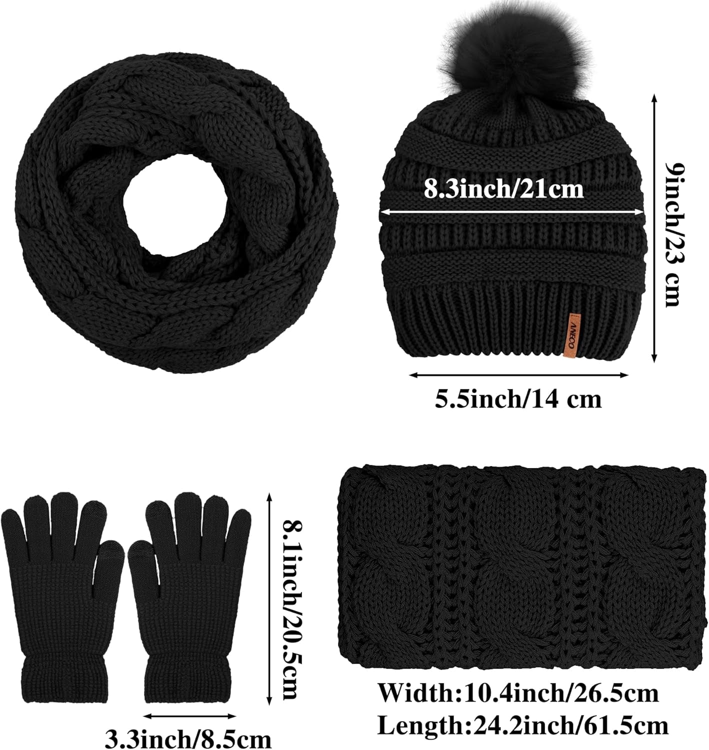 Womens Winter Warm Sets Knitted Fur Pompoms Beanie Hat Circle Loop Scarf Touch Screen Gloves Winter Favor Accessories