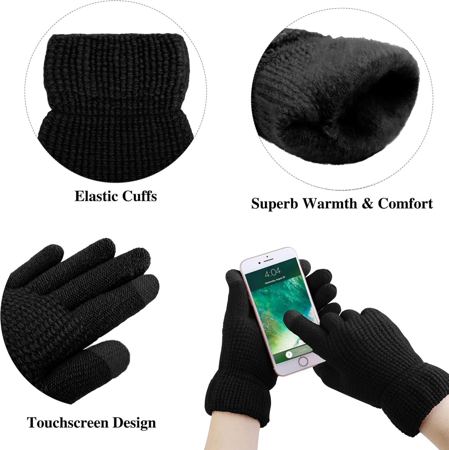 Womens Winter Warm Sets Knitted Fur Pompoms Beanie Hat Circle Loop Scarf Touch Screen Gloves Winter Favor Accessories