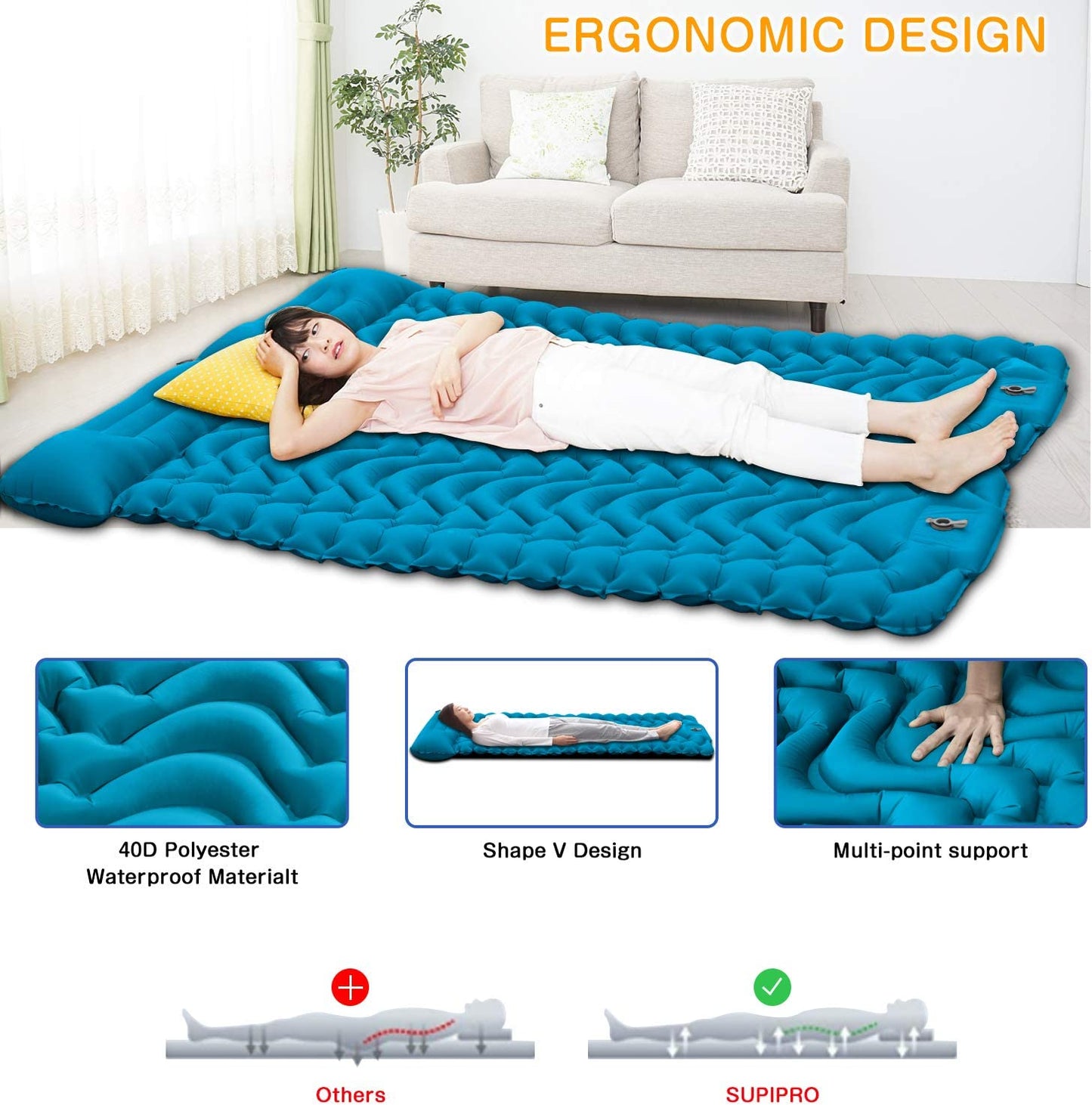 Camping Sleeping Pad, 2021 Newest Inflatable with Foot Press Sleeping Mat Pillow,Button Connection Large Size 4"-Thick, Portable Waterproof and Compact Air Mat for Camping,Hiking,Beach