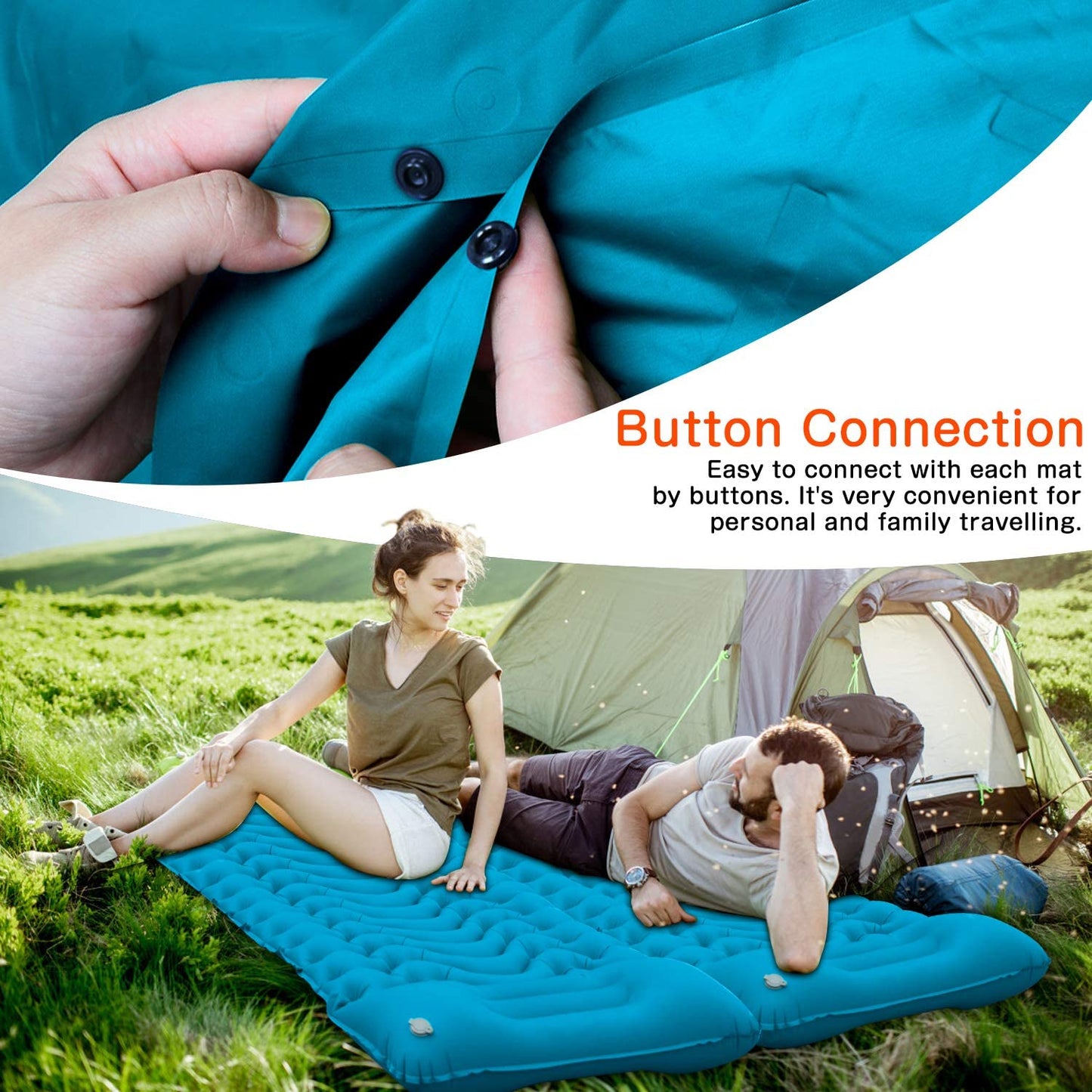 Camping Sleeping Pad, 2021 Newest Inflatable with Foot Press Sleeping Mat Pillow,Button Connection Large Size 4"-Thick, Portable Waterproof and Compact Air Mat for Camping,Hiking,Beach