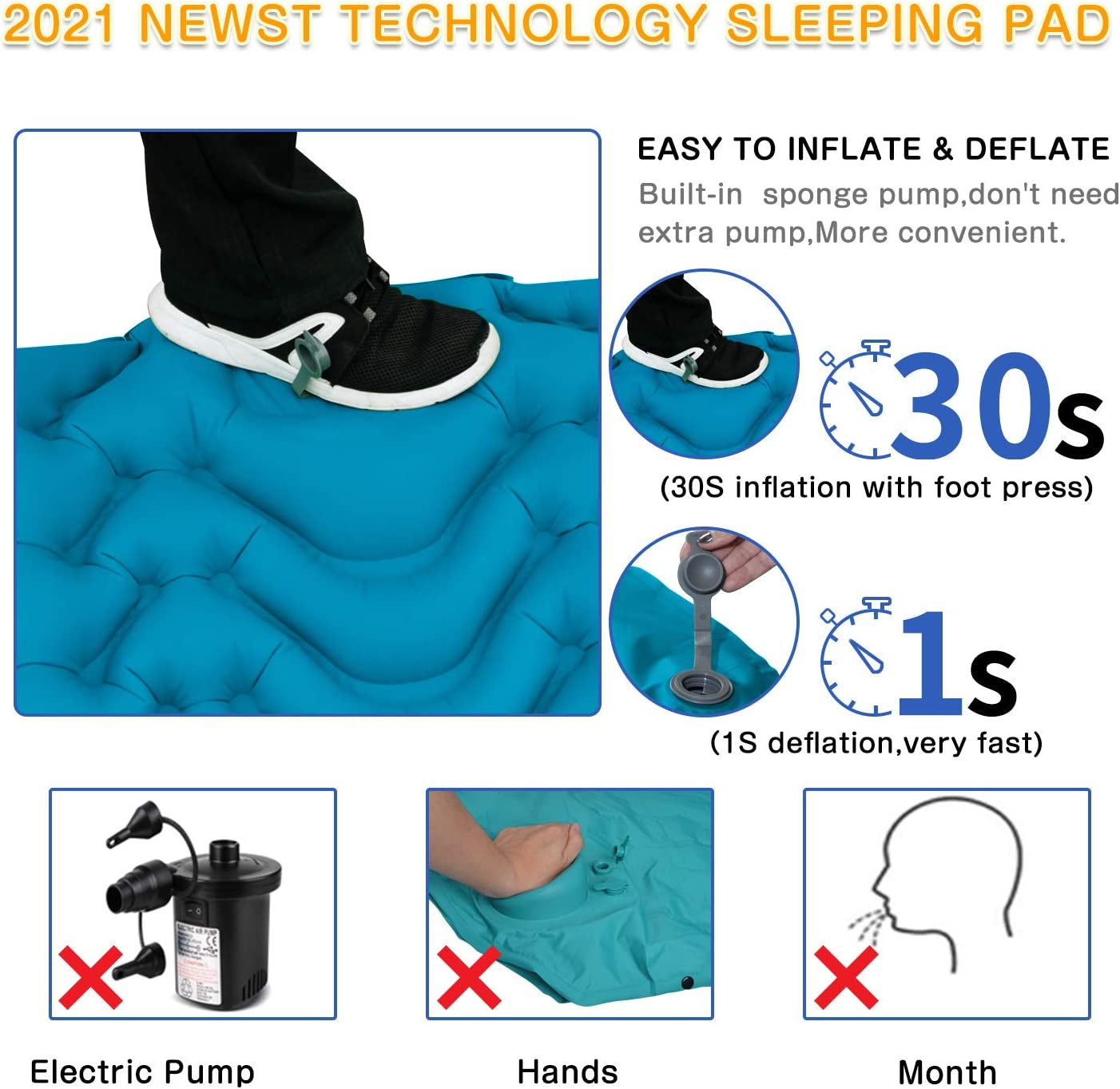 Camping Sleeping Pad, 2021 Newest Inflatable with Foot Press Sleeping Mat Pillow,Button Connection Large Size 4"-Thick, Portable Waterproof and Compact Air Mat for Camping,Hiking,Beach