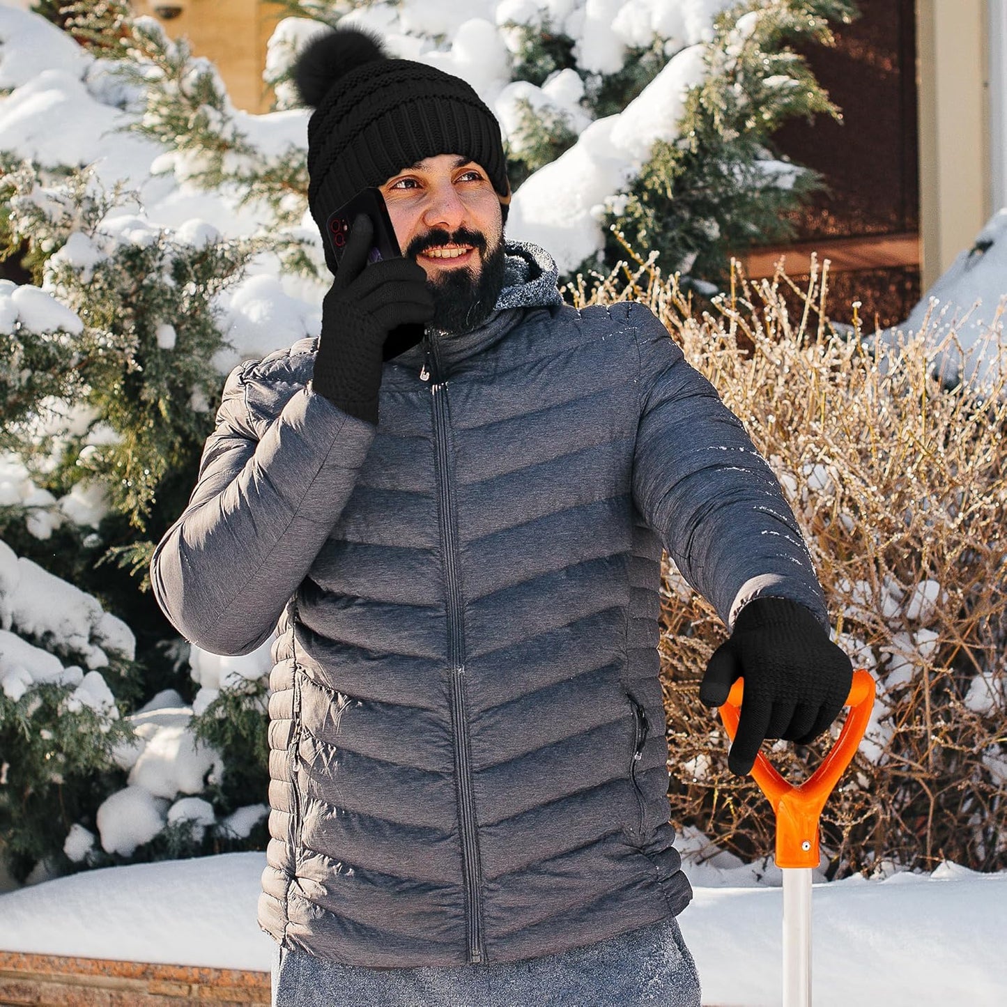 Womens Winter Warm Sets Knitted Fur Pompoms Beanie Hat Circle Loop Scarf Touch Screen Gloves Winter Favor Accessories